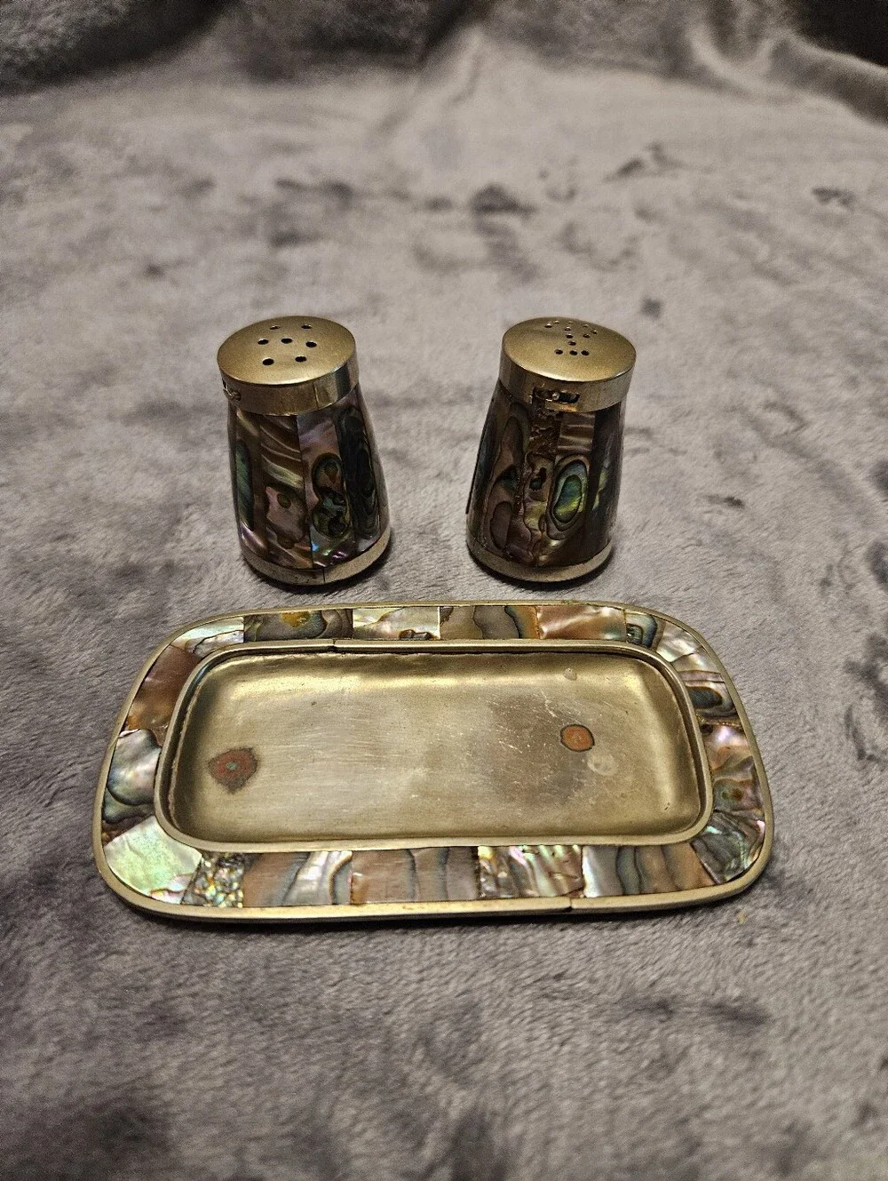 70s Vintage mini Mexican salt and pepper shakers with a matching tray.